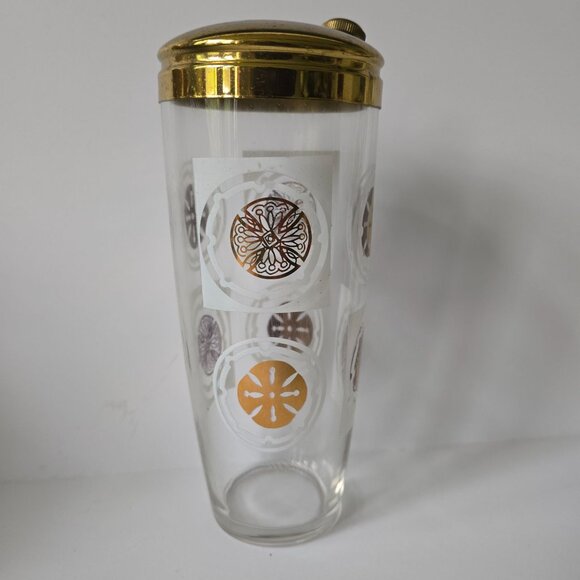 Vintage Glass Cocktail Shaker With Gold-Tone Lid & Retro Pattern Design - Picture 13 of 16